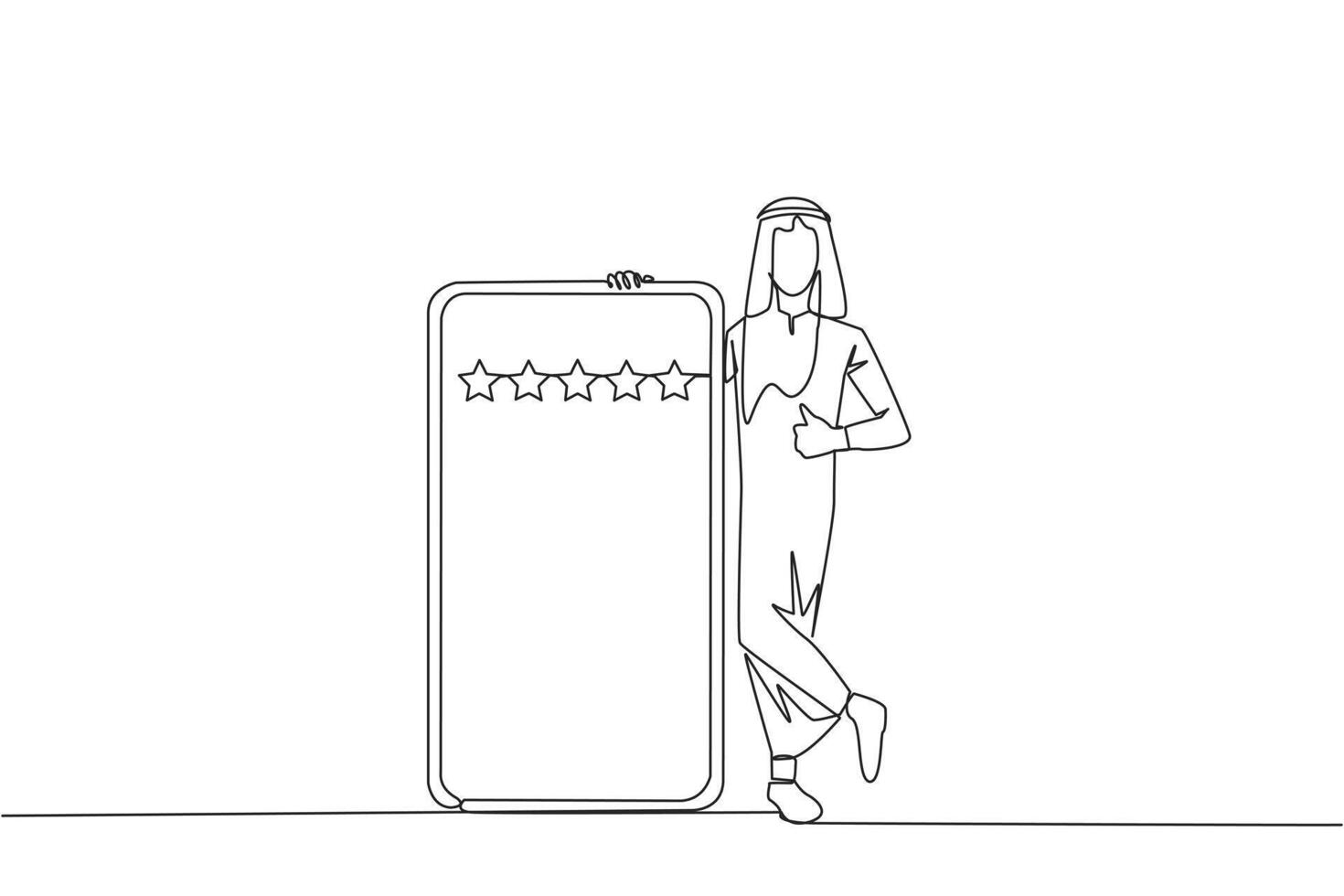 Single continuous line drawing young happy Arabian man stands casually next to a large smartphone, other hand giving a thumbs up gesture. Give review five star. One line design vector illustration