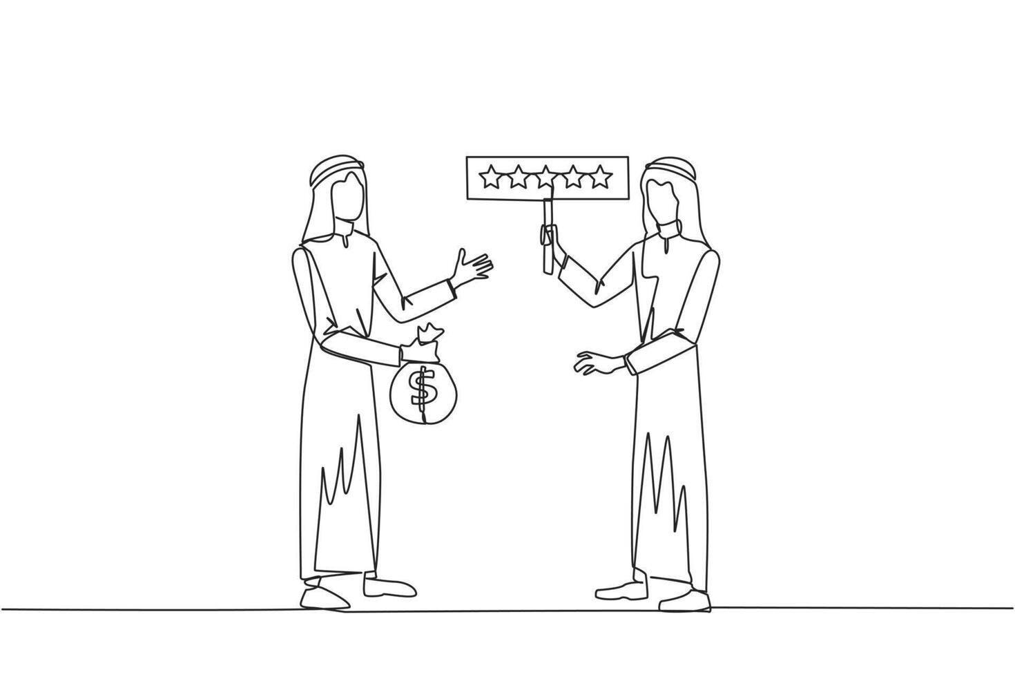 Single continuous line drawing two Arabian men standing opposite each other. One man carry money bag, the other carry rating board with 5 stars. Buy and selling reviews. One line vector illustration