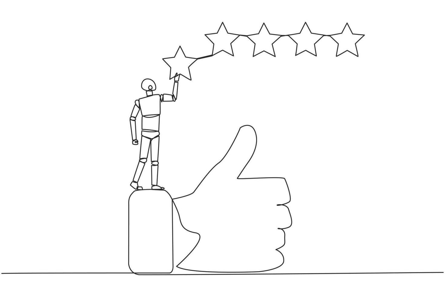 Single continuous line drawing robot standing on the thumbs up wants to attach the stars to form 5 stars in a row. Give review or good feedback. Artificial intelligence. One line vector illustration