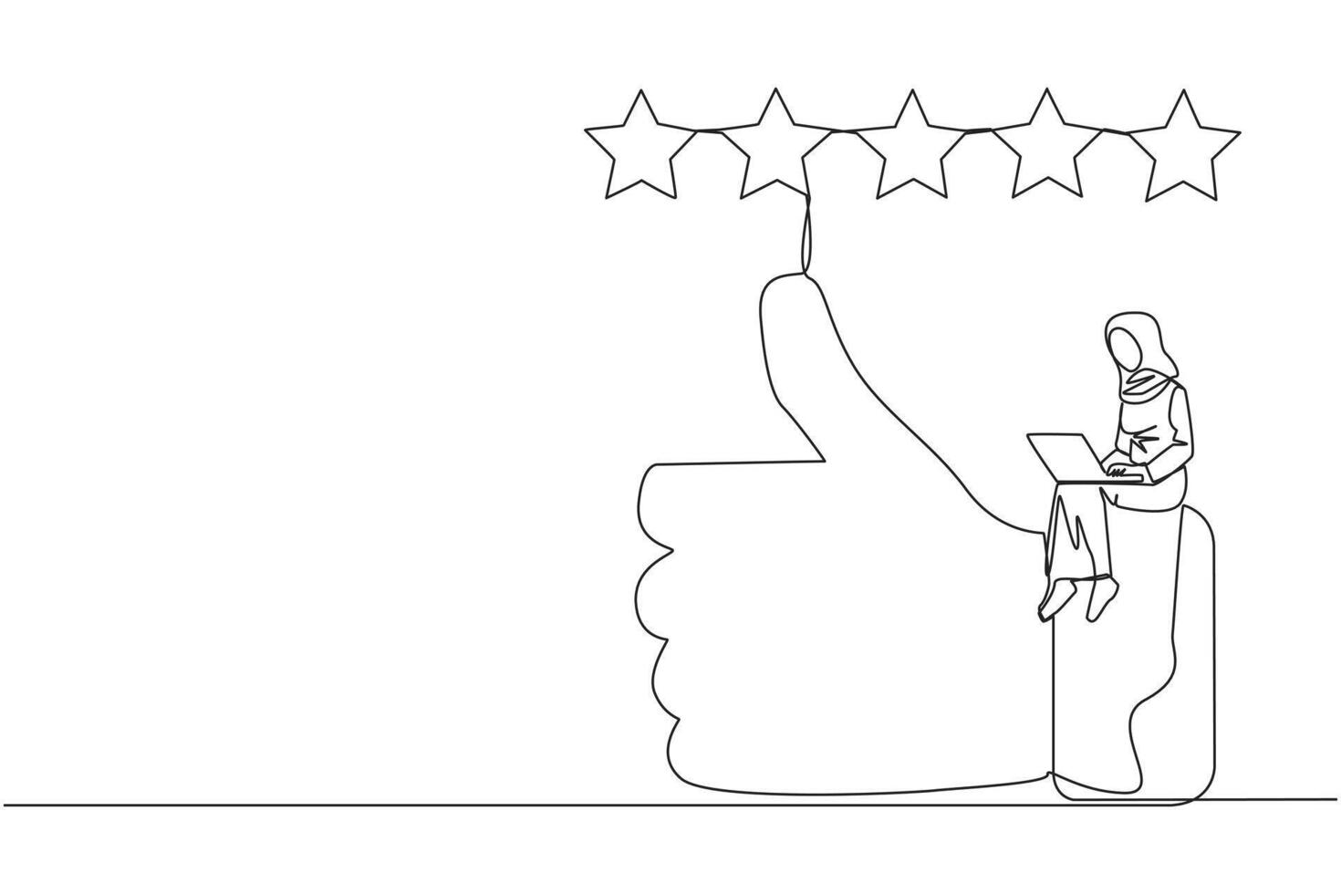 Single continuous line drawing young Arabian woman sitting on thumbs up typing on laptop. Happy satisfied Arabian man giving five gold stars. Online shop review. One line design vector illustration