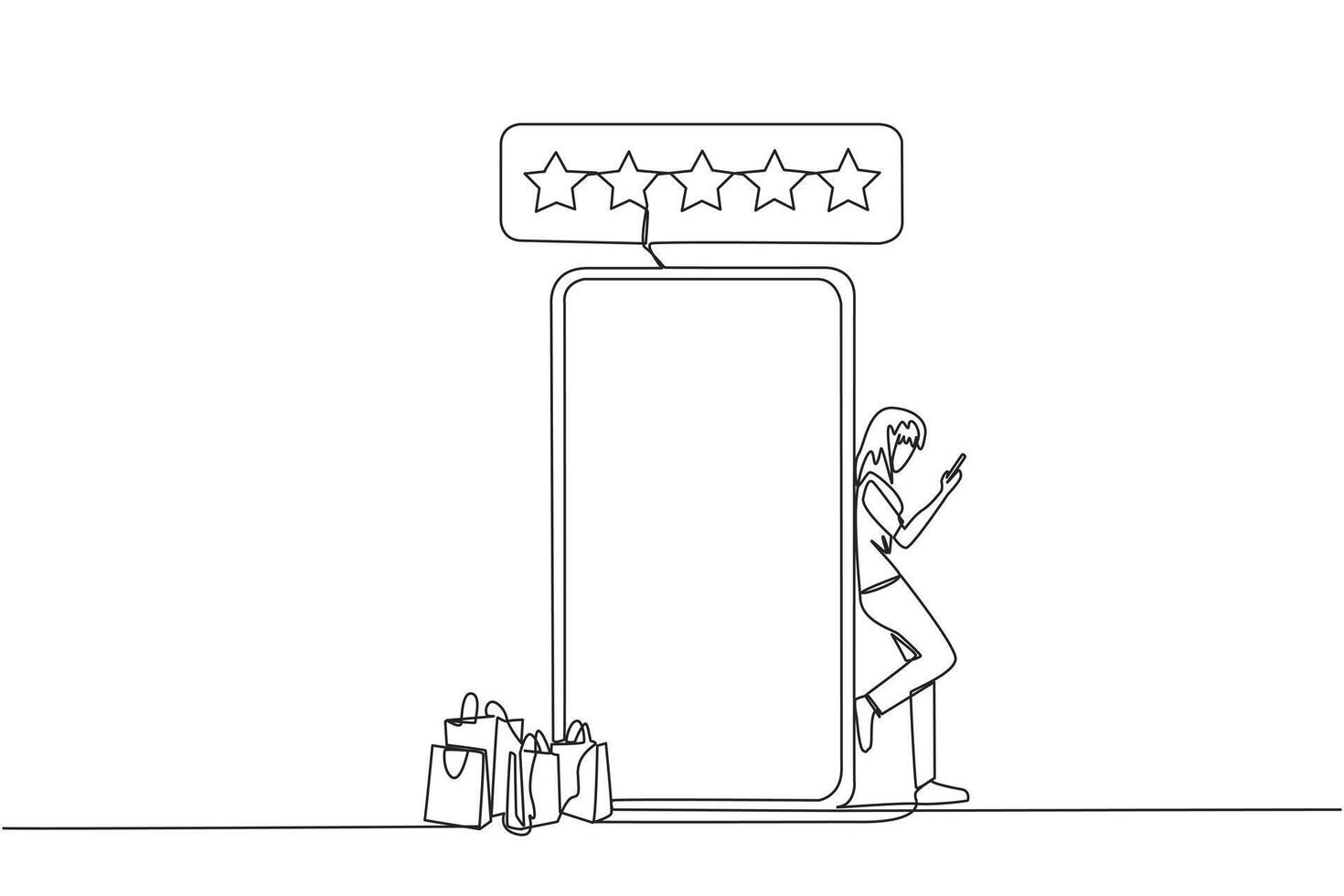 Single continuous line drawing young happy smiling woman leaning on giant smartphone while typing on smartphone. Concept of online shop. Review five gold stars. One line design vector illustration