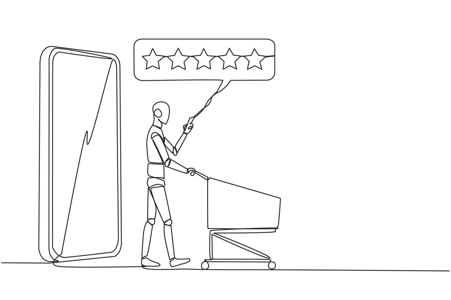 Continuous one line drawing robot walked out of large smartphone while pushing a shopping trolley. Five stars rating review. E commerce. Review to seller. AI tech. Single line draw vector illustration