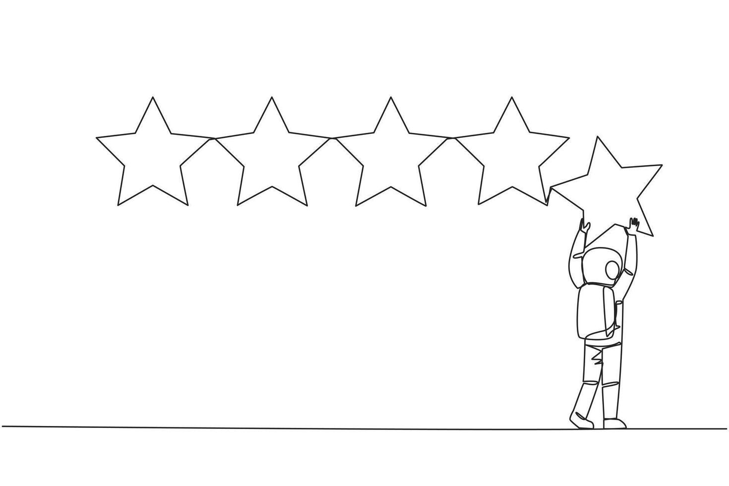 Single one line drawing astronaut holding up a star with both hands and pasting it up to make 5 stars in a row. Give the best review. Online shop. Cosmic. Continuous line design graphic illustration vector