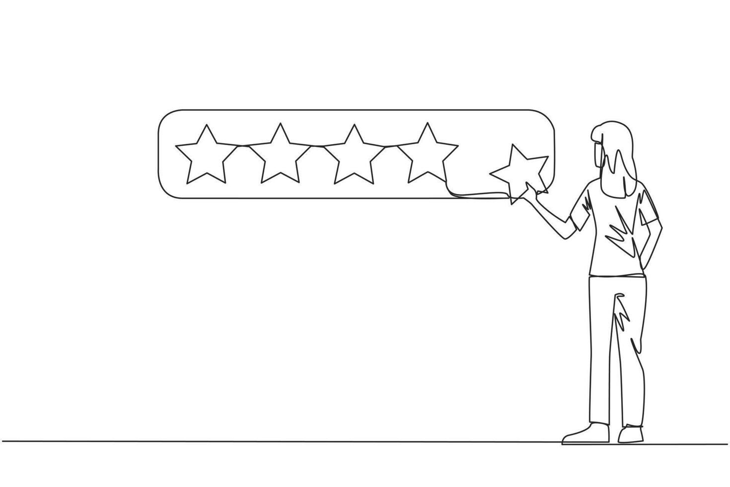 Single continuous line drawing happy woman standing holding 1 star and wants to make it 5 star array. Satisfied customers and give a perfect rating. Star rating. One line design vector illustration