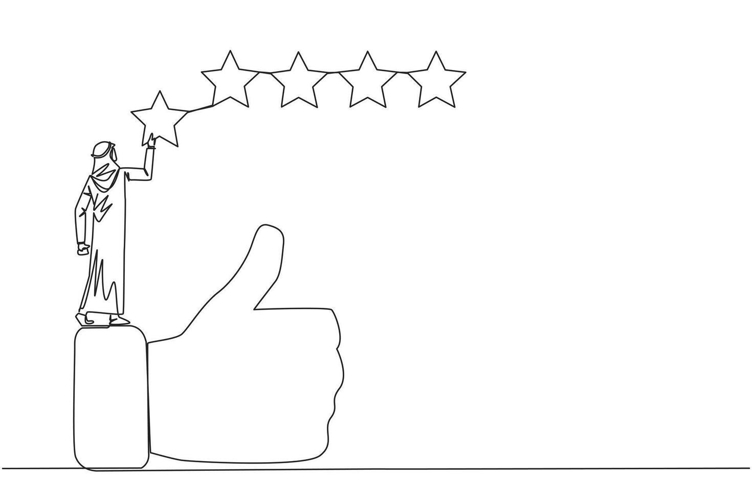 Single continuous line drawing young happy Arabian man standing on the thumbs up wants to attach the stars to form 5 stars in a row. Give review or good feedback. One line design vector illustration