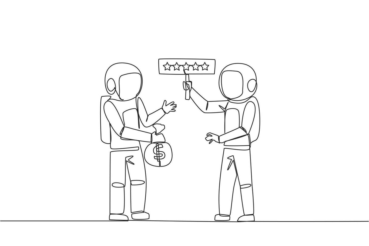 Single one line drawing two astronauts standing opposite each other. The one carry money bag, the other carry rating board with 5 stars. Buy and selling reviews. Continuous line graphic illustration vector