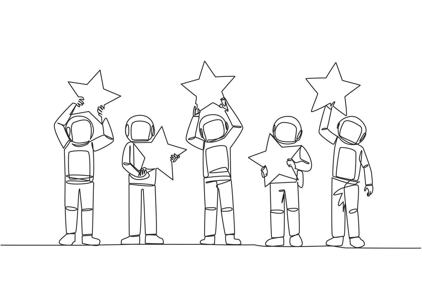 Single continuous line drawing group of five astronauts raised their respective stars. Give positive feedback and the best review. 5 star. Online shop. Cosmic deep space. One line vector illustration