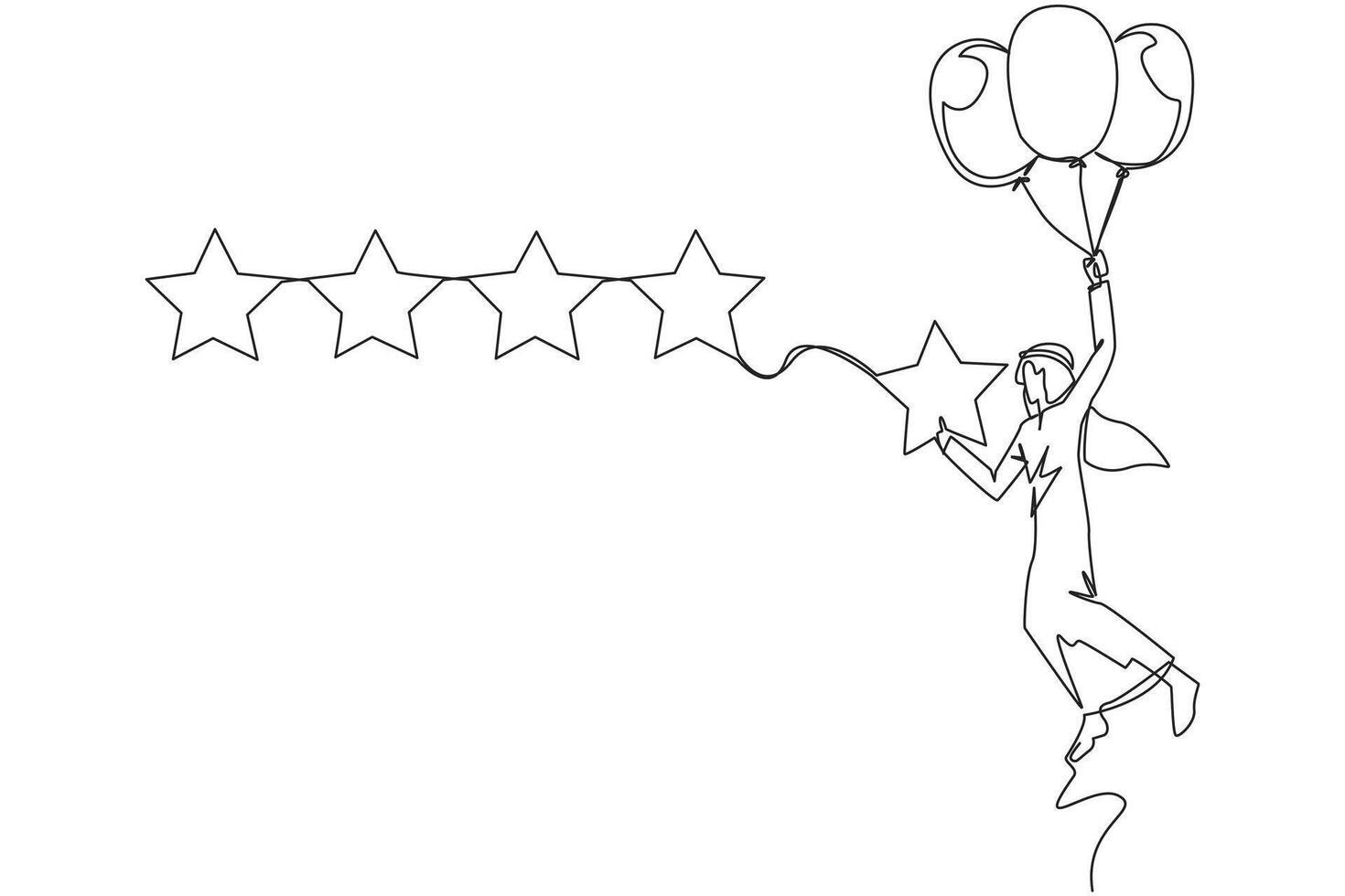 Continuous one line drawing young Arabian man flying with  balloon carry 1 star and wants to align it with the other 4 stars. Trying to give perfect rating. Single line draw design vector illustration
