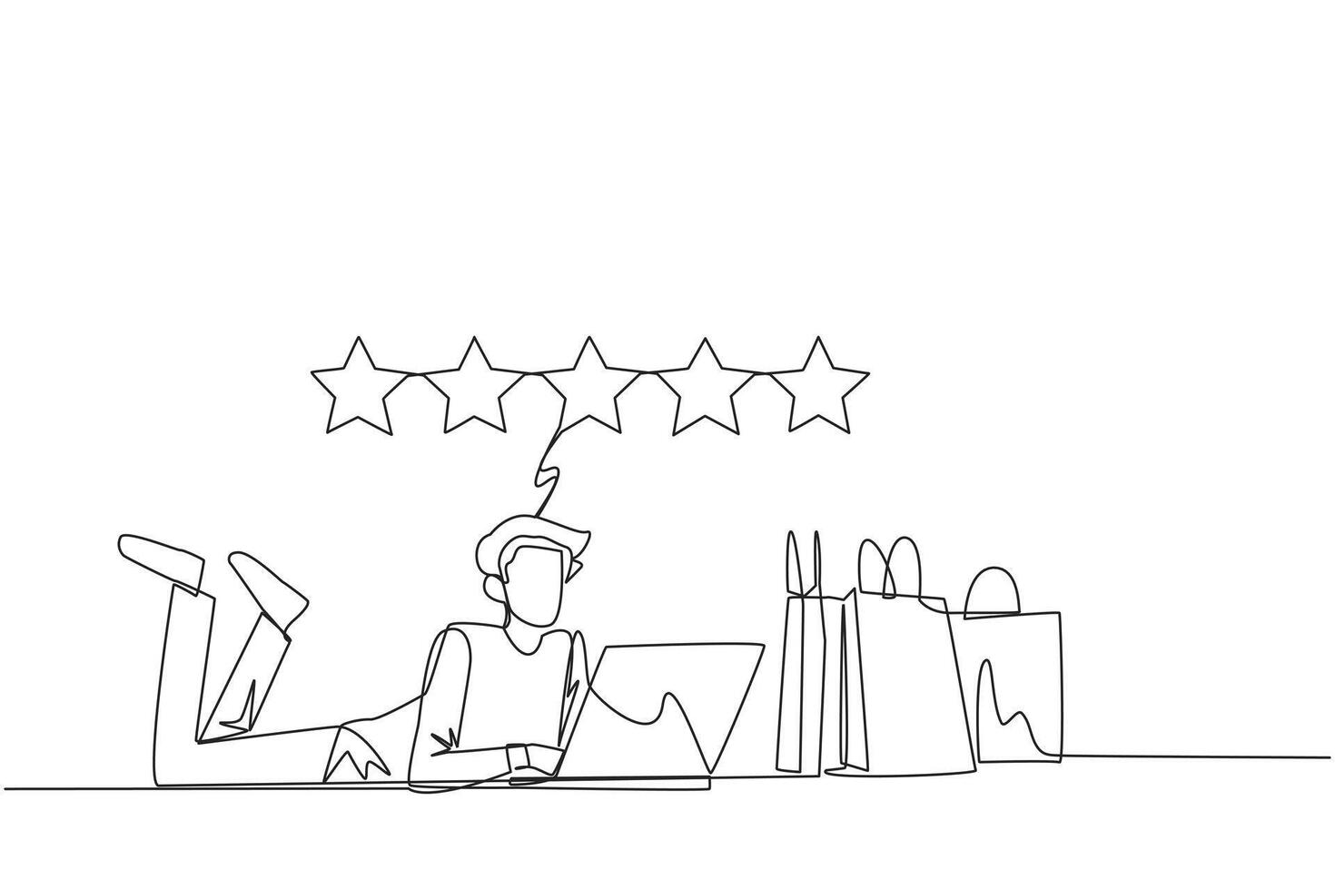 Continuous one line drawing young smiling man on stomach while typing on laptop. Next to the laptop is a shopping bag. Give the best review with pleasure. Single line draw design vector illustration