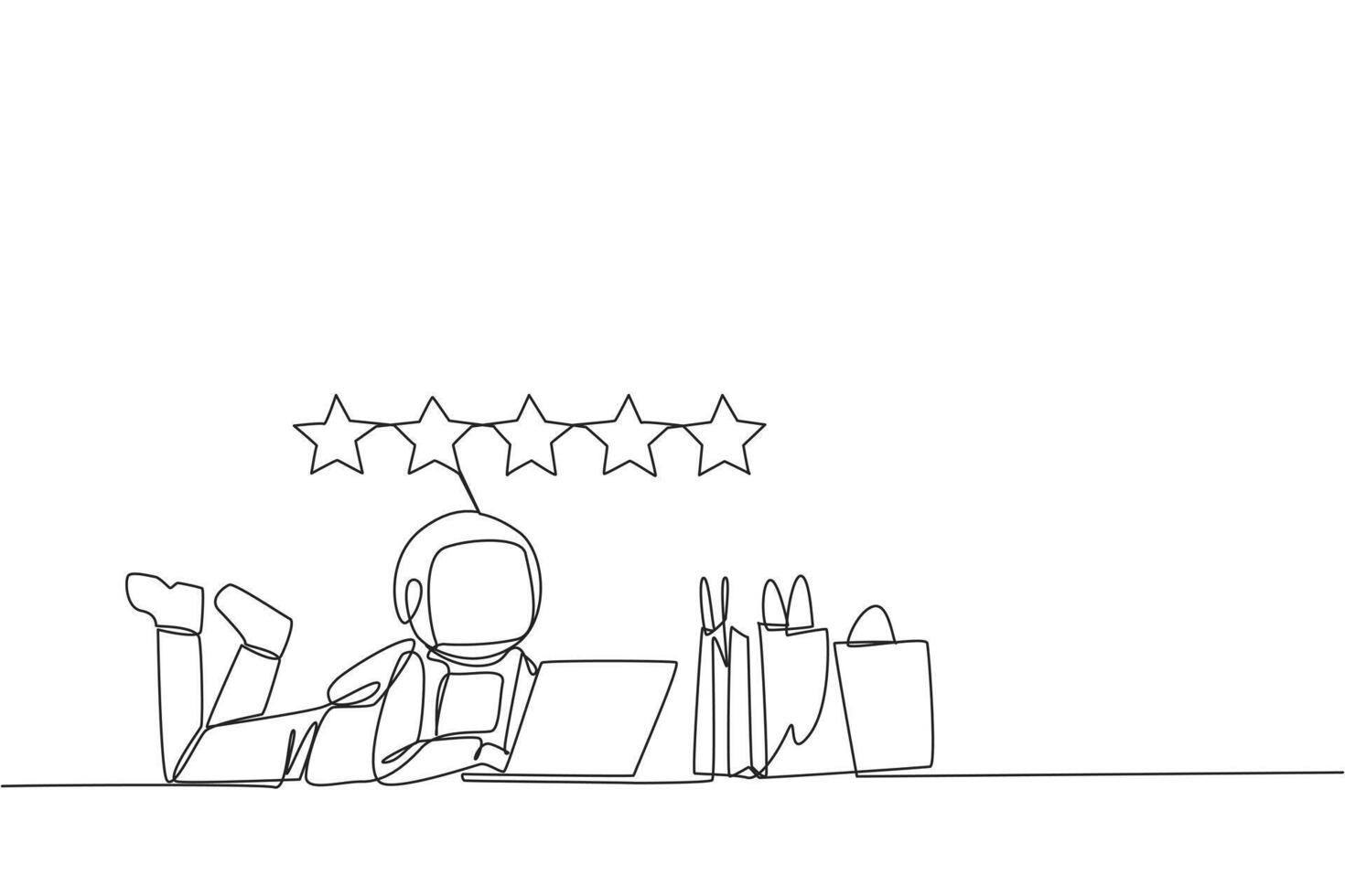 Single continuous line drawing young astronaut on stomach while typing on laptop. Next to the laptop is shopping bag. Give the best review with pleasure. Spaceman. One line design vector illustration