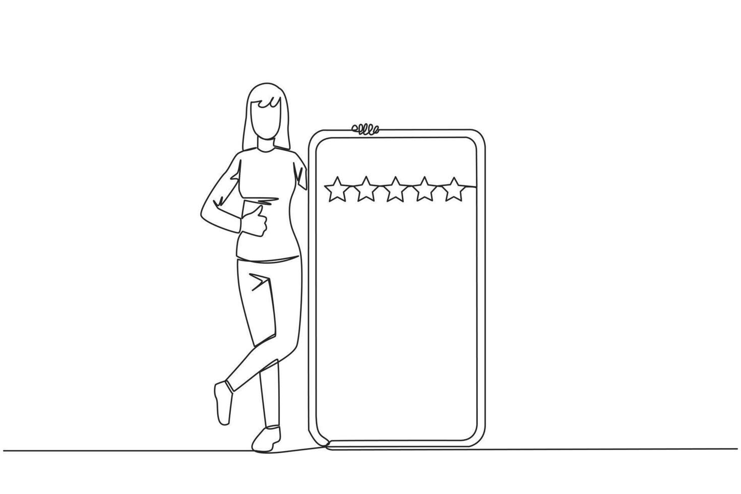 Single one line drawing young happy smiling woman stands casually next to a large smartphone, other hand giving a thumbs up gesture. Give review 5 star. Continuous line design graphic illustration vector