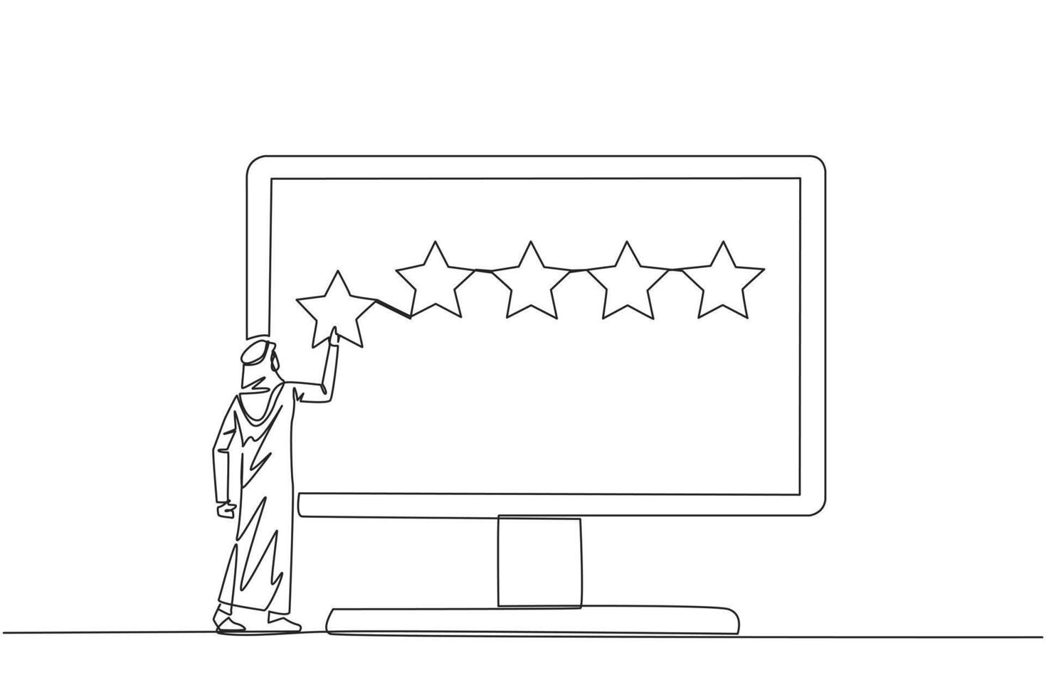 Single one line drawing Arabian man standing and trying to stick one star on the big monitor. Giving 5 star feedback. Giving stars quality result. Giving review. Continuous line graphic illustration vector