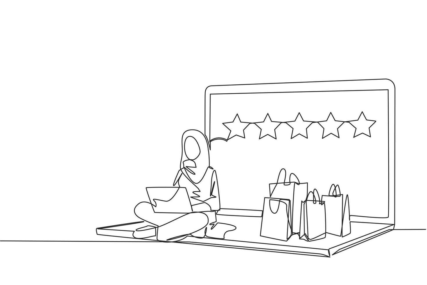 Continuous one line drawing happy Arabian woman sitting on big laptop typing on laptop. Bought a lot from online shop. Give a review of 5 stars. Ecommerce. Single line draw design vector illustration