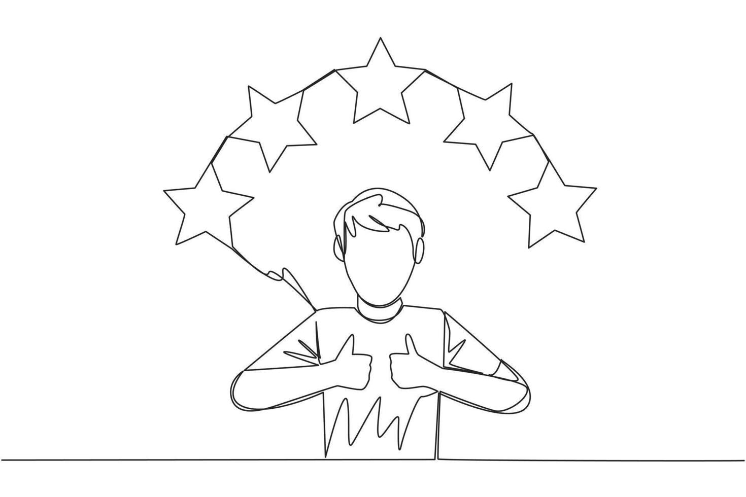 Continuous one line drawing man giving two thumbs up, above head there are 5 stars forming semicircle. Exciting online shopping experience. Review 5 stars. Single line draw design vector illustration