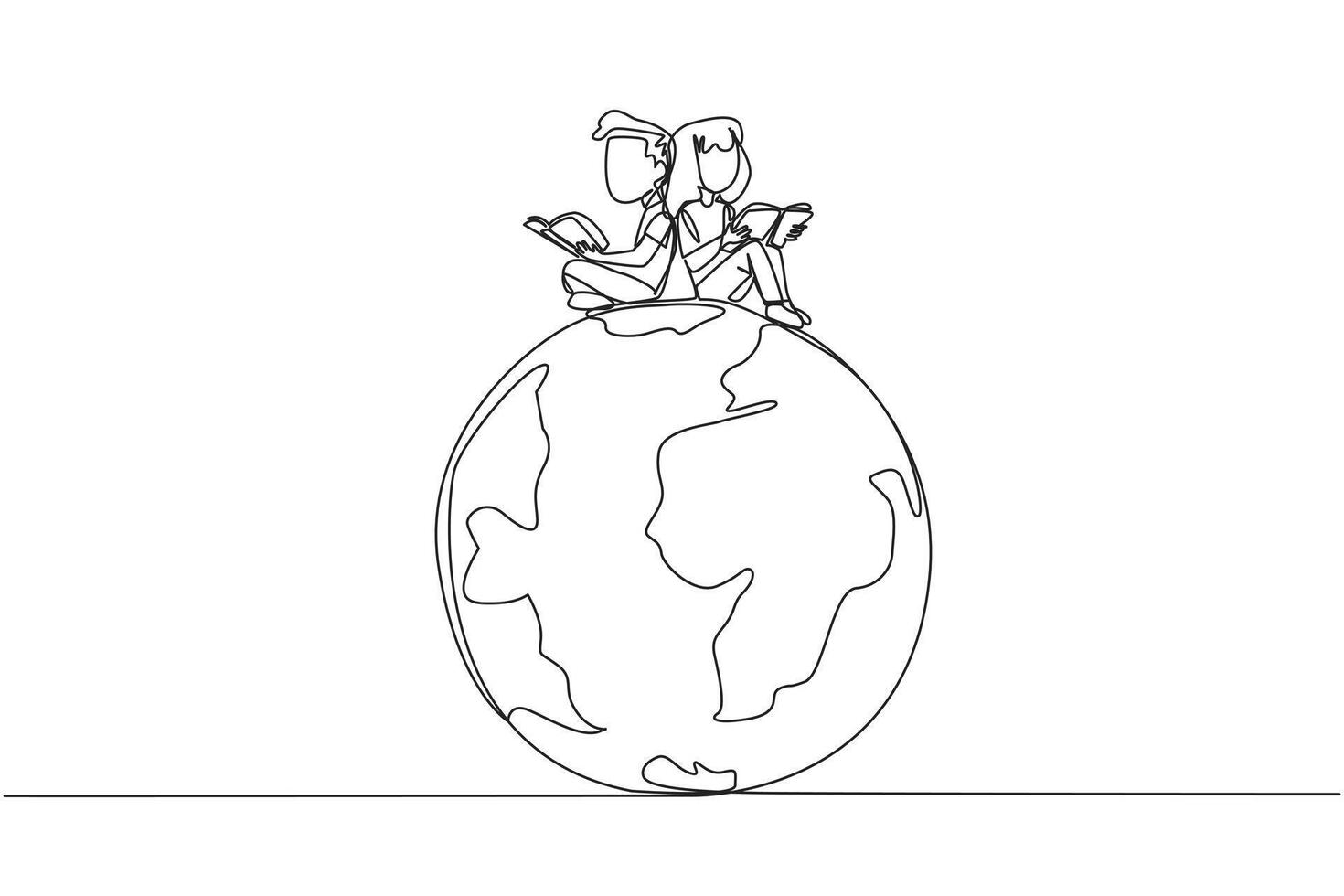 Single one line drawing happy kids sitting on big globe reading a book. The metaphor of reading can reach the world. Read everywhere. Book festival concept. Continuous line design graphic illustration vector