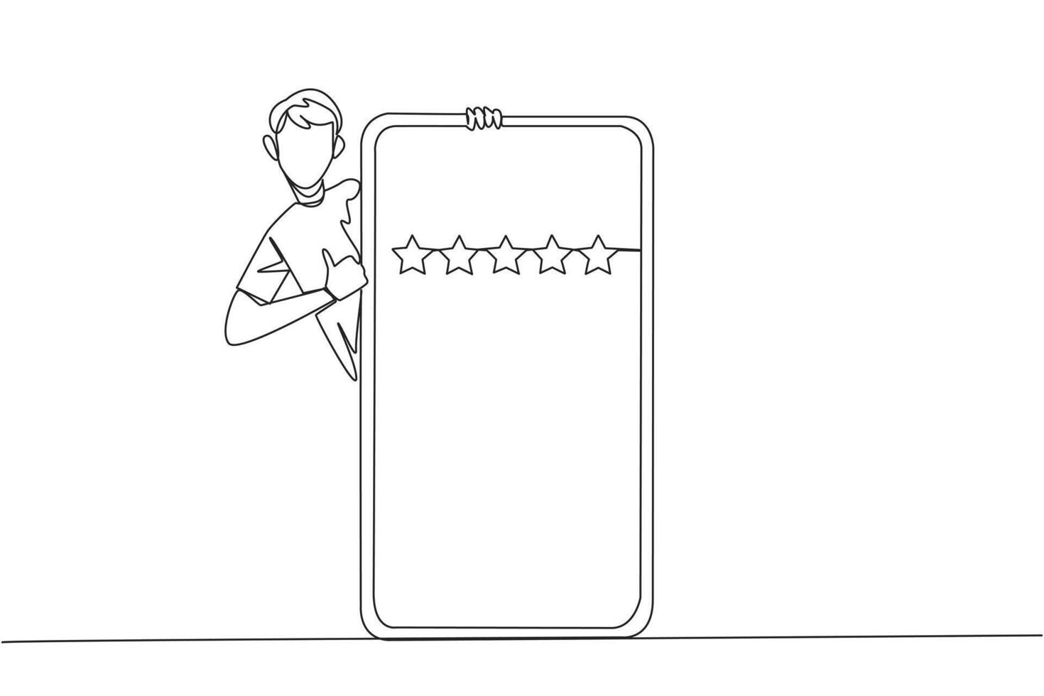 Single one line drawing man stands behind giant smartphone, but head and body appear and hands give thumbs up gesture. Online shop concept. Review 5 stars. Continuous line design graphic illustration vector