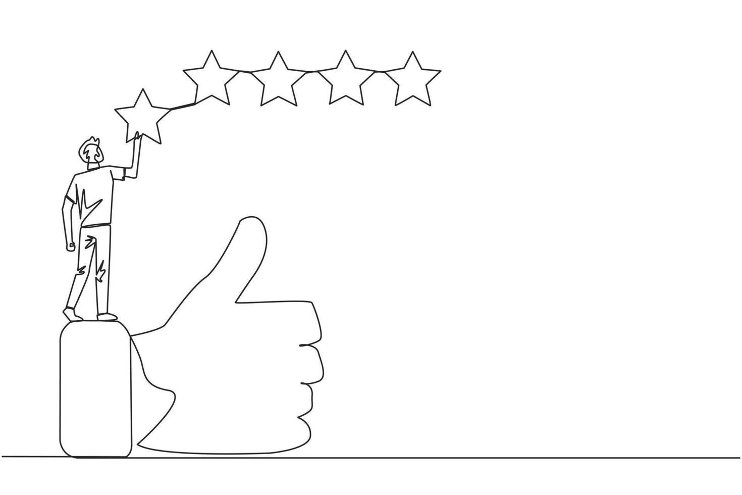 Single continuous line drawing young happy the man standing on the thumbs up wants to attach the stars to form 5 stars in a row. Give review or good feedback. One line design vector illustration