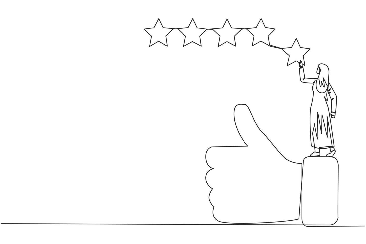 Single one line drawing young happy Arabian woman standing on thumbs up wants to attach the stars to form 5 stars in a row. Give review or good feedback. Continuous line design graphic illustration vector