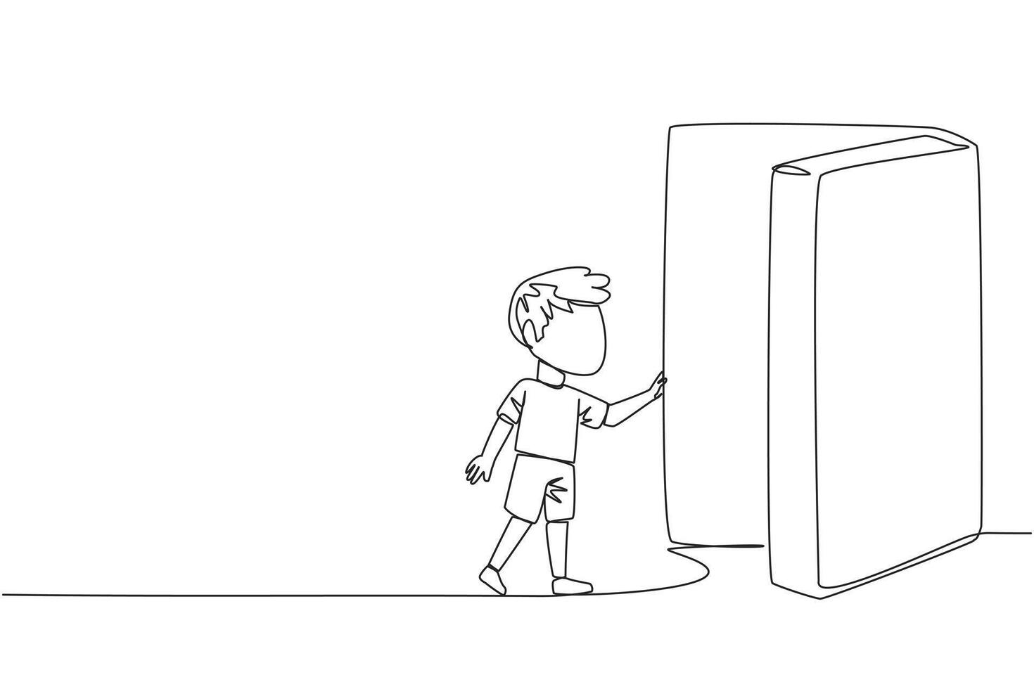 Single continuous line drawing boy opened the book-shaped door. Books can open mind and see everywhere. Increase knowledge about the wider world. Book festival. One line design vector illustration