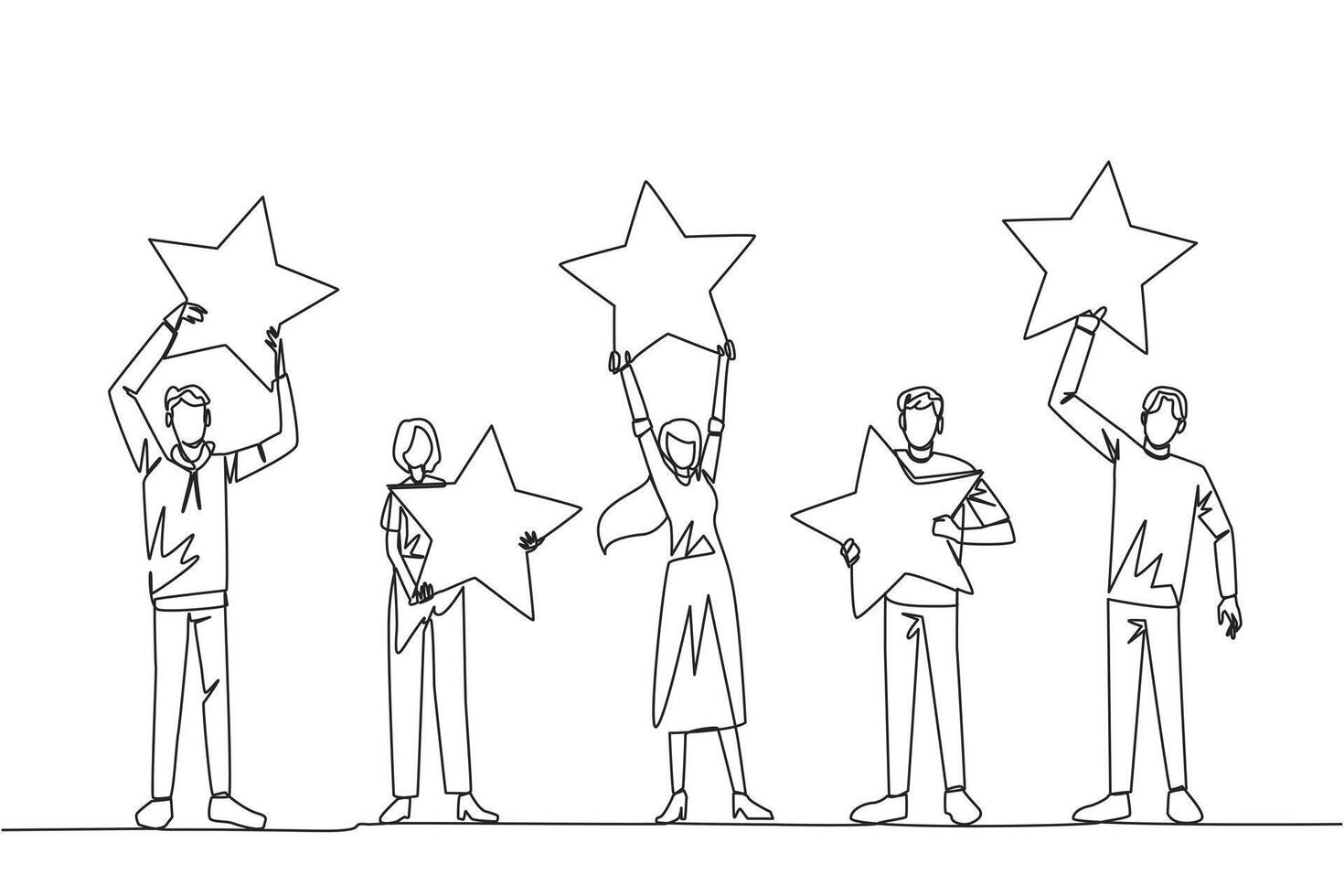 Single continuous line drawing a group of three men and two women raised their respective stars. Give positive feedback and the best review. 5 star. Online shop. One line design vector illustration