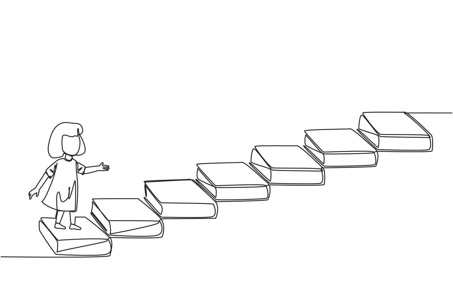 Continuous one line drawing girls climb stairs from books. Reading increases knowledge which can increase the dignity of a better life. Book festival concept. Single line design vector illustration