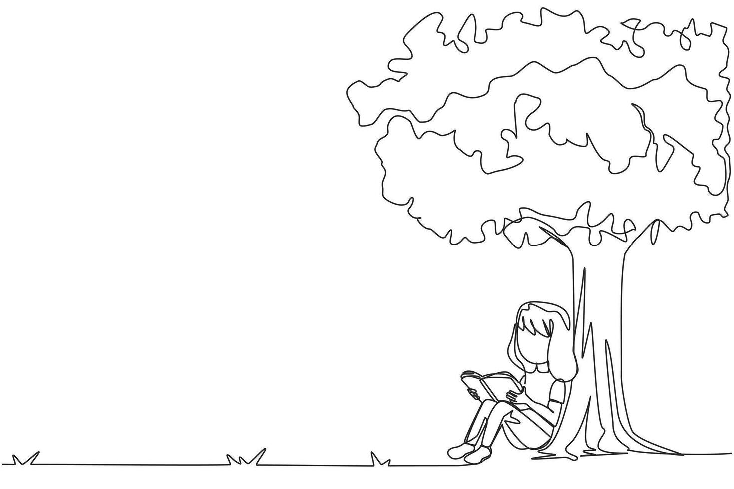 Single one line drawing girl sitting reading a book under shady tree. Continuing the second volume of the fiction story book. Enjoy reading. Book festival. Continuous line design graphic illustration vector