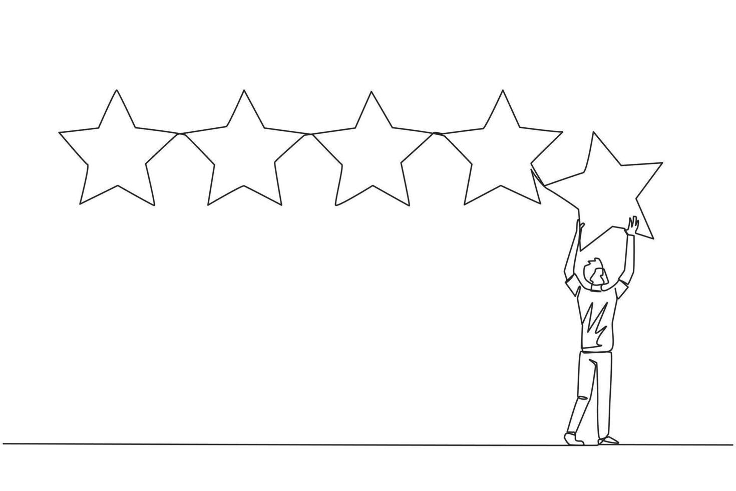 Continuous one line drawing young man stood holding up a star with both hands and pasting it up to make 5 stars in a row. Give the best review. Online shop. Single line draw design vector illustration