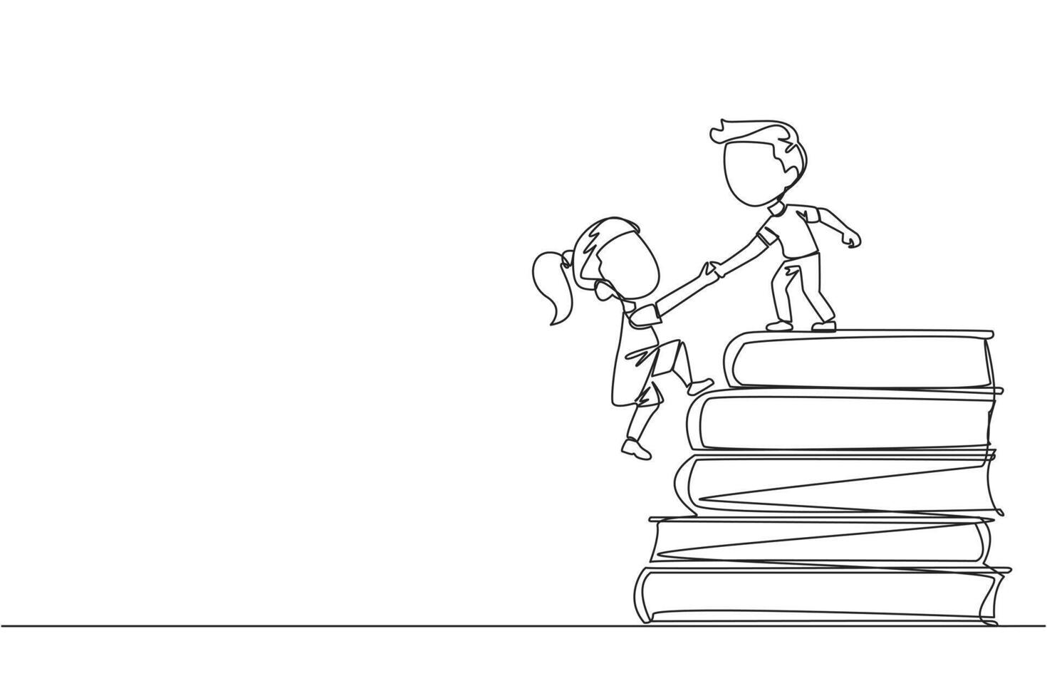 Single continuous line drawing boy helps girl climb a pile of books. The concept of helping each other to succeed together. Knowledge source book. Book festival. One line design vector illustration