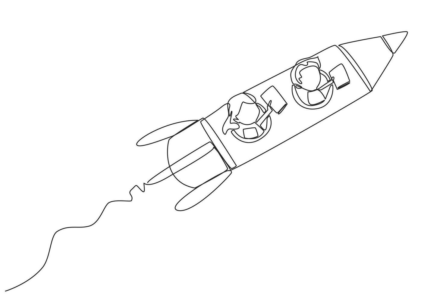 Single continuous line drawing the kids flying on a rocket reading a book. Always reading books anywhere. The book inspires to become a scientist. Book festival. One line design vector illustration