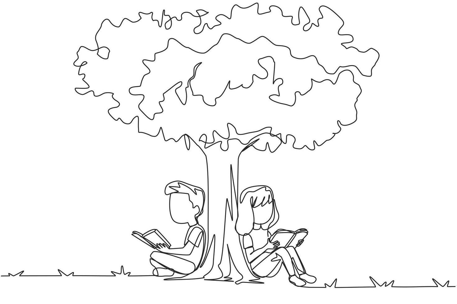 Single one line drawing the kids sitting reading a book under shady tree. They do group study summarizing story books. Enjoy reading. Book festival concept. Continuous line design graphic illustration vector
