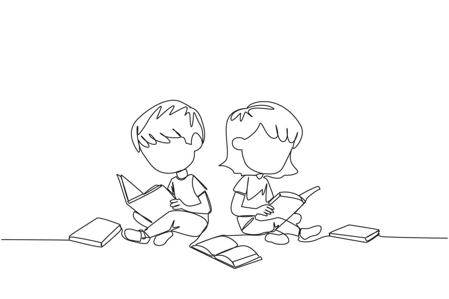 Single continuous line drawing kids sitting relaxed in a library reading a lot of books. Looking for answers to school assignments. Reading hobby. Book festival. One line design vector illustration
