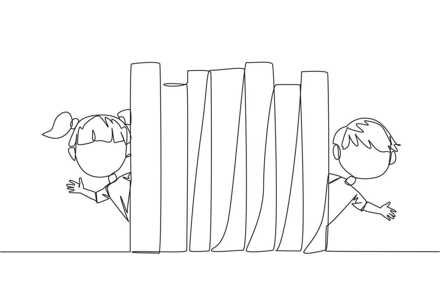 Single one line drawing the kids appears from behind a row of books. Invitation to read books at the library. Like to reading a book. Book festival concept. Continuous line design graphic illustration vector