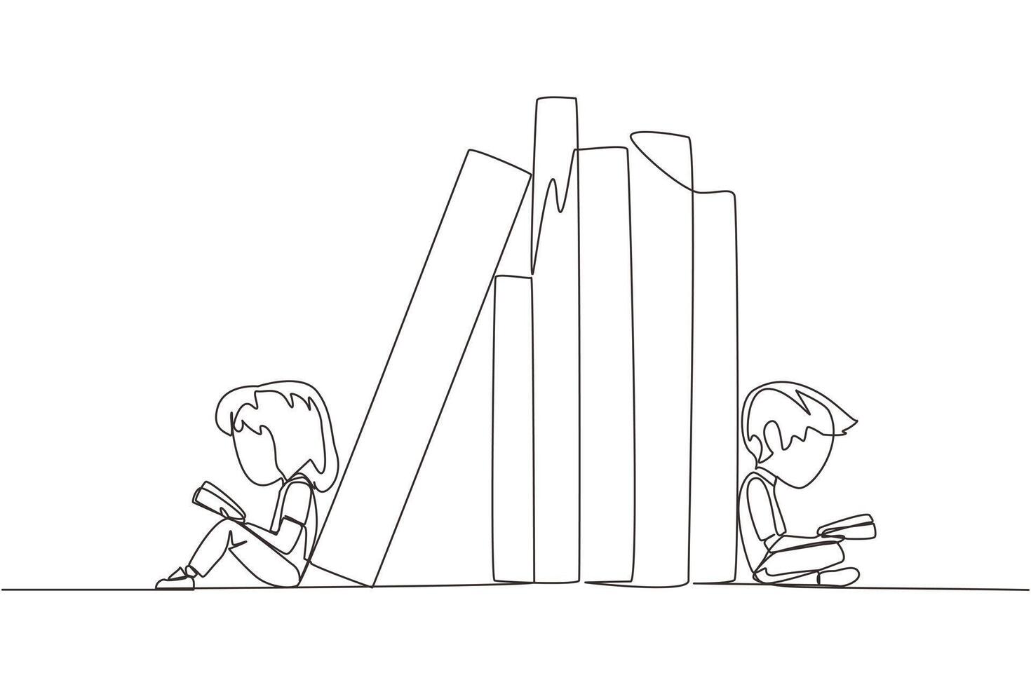 Single continuous line drawing kids reading sitting leaning against a pile of books. Habit of reading books every day. Library. Good habit. Book festival concept. One line design vector illustration