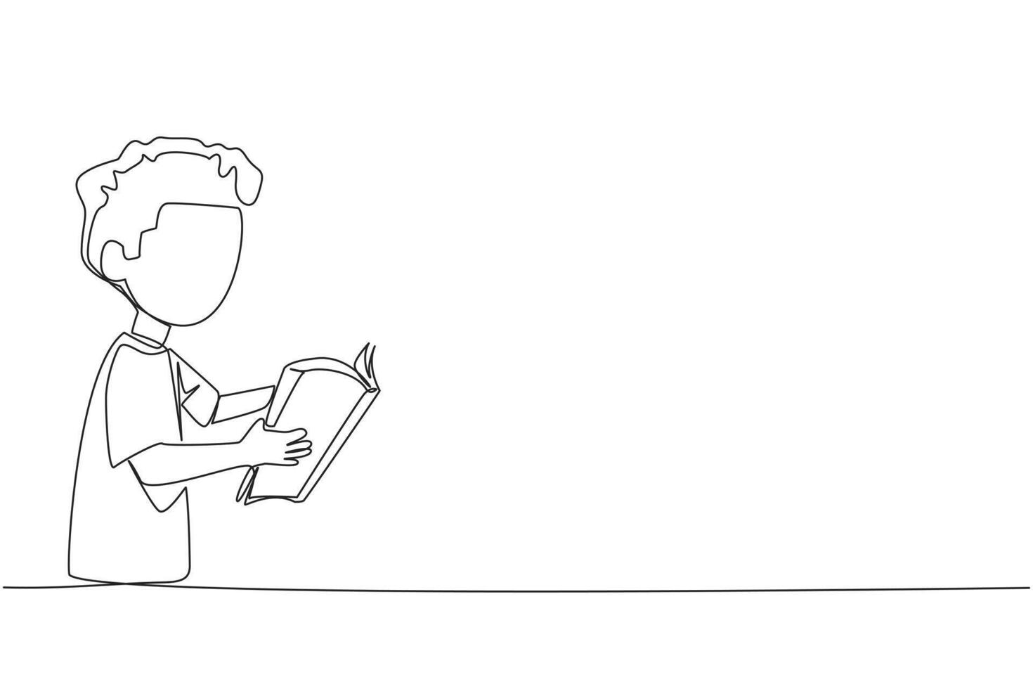 Single one line drawing boy are very focused on reading a book. Reading fiction story books during school holidays. Book festival concept. Very good habit. Continuous line design graphic illustration vector