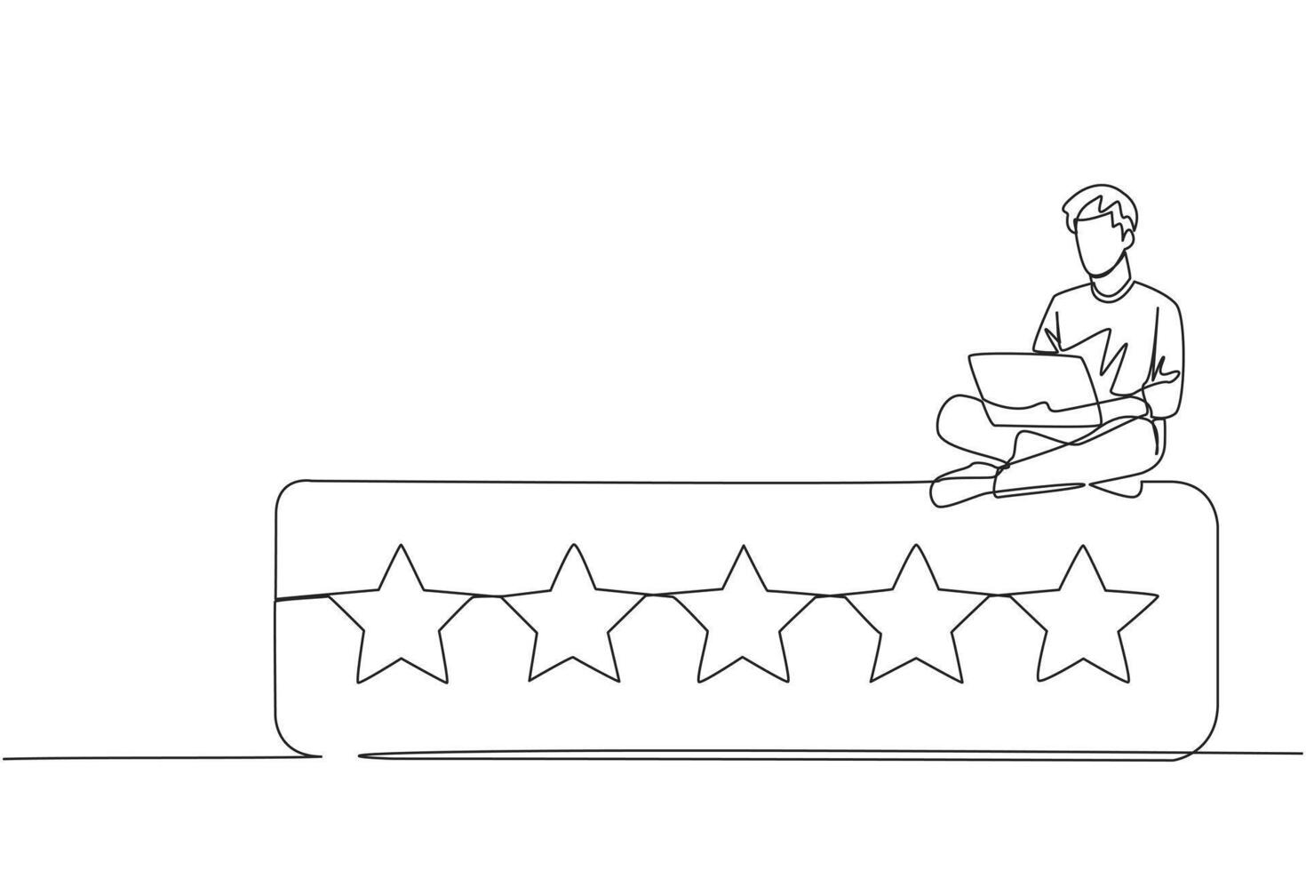 Single continuous line drawing young energetic happy man sitting on rating board typing laptop computer. Give 5 stars and a very satisfying review. Online shopping. One line design vector illustration