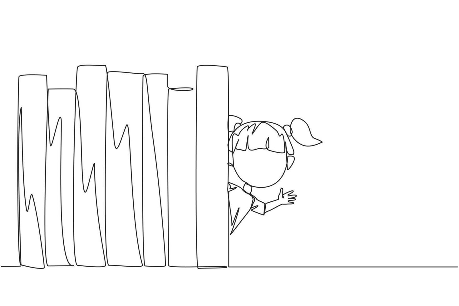 Single continuous line drawing a girl appears from behind a row of books. Invitation to read books at the library. Like to reading a book. Book festival concept. One line design vector illustration