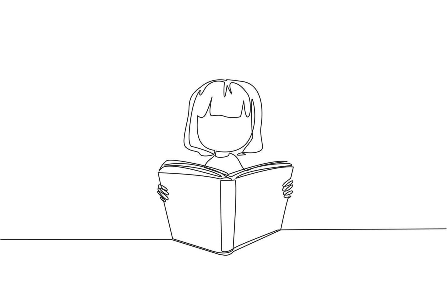 Single continuous line drawing girl sitting reading a book on a stand. Enthusiasm that never goes away. Very happy when reading story books. Book festival concept. One line design vector illustration