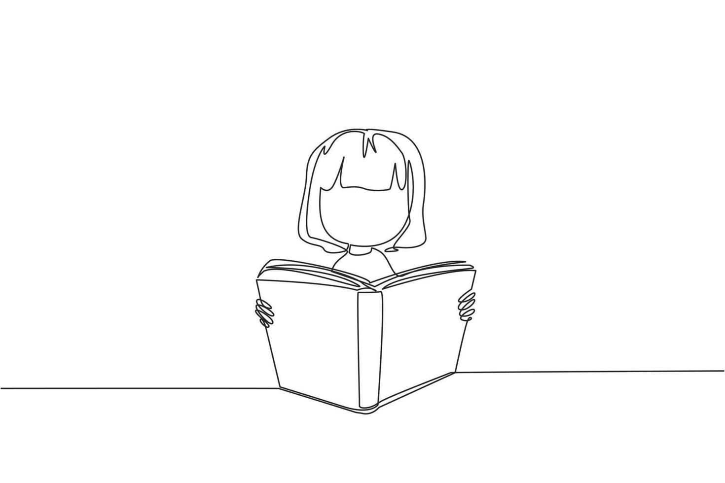 soltero continuo línea dibujo niña sentado leyendo un libro en un pararse. entusiasmo ese Nunca va lejos. muy contento cuando leyendo historia libros. libro festival concepto. uno línea diseño vector ilustración