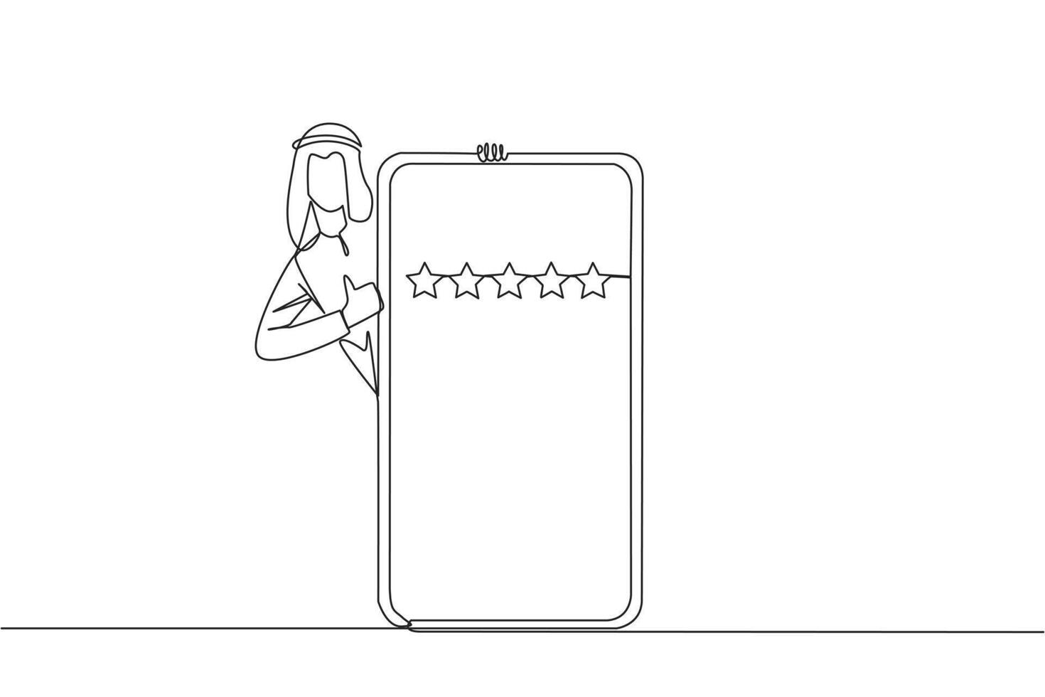 Single one line drawing Arabian man stands behind giant smartphone, but head and body appear and hands give thumbs up gesture. Online shop concept. Review 5 star. Continuous line graphic illustration vector