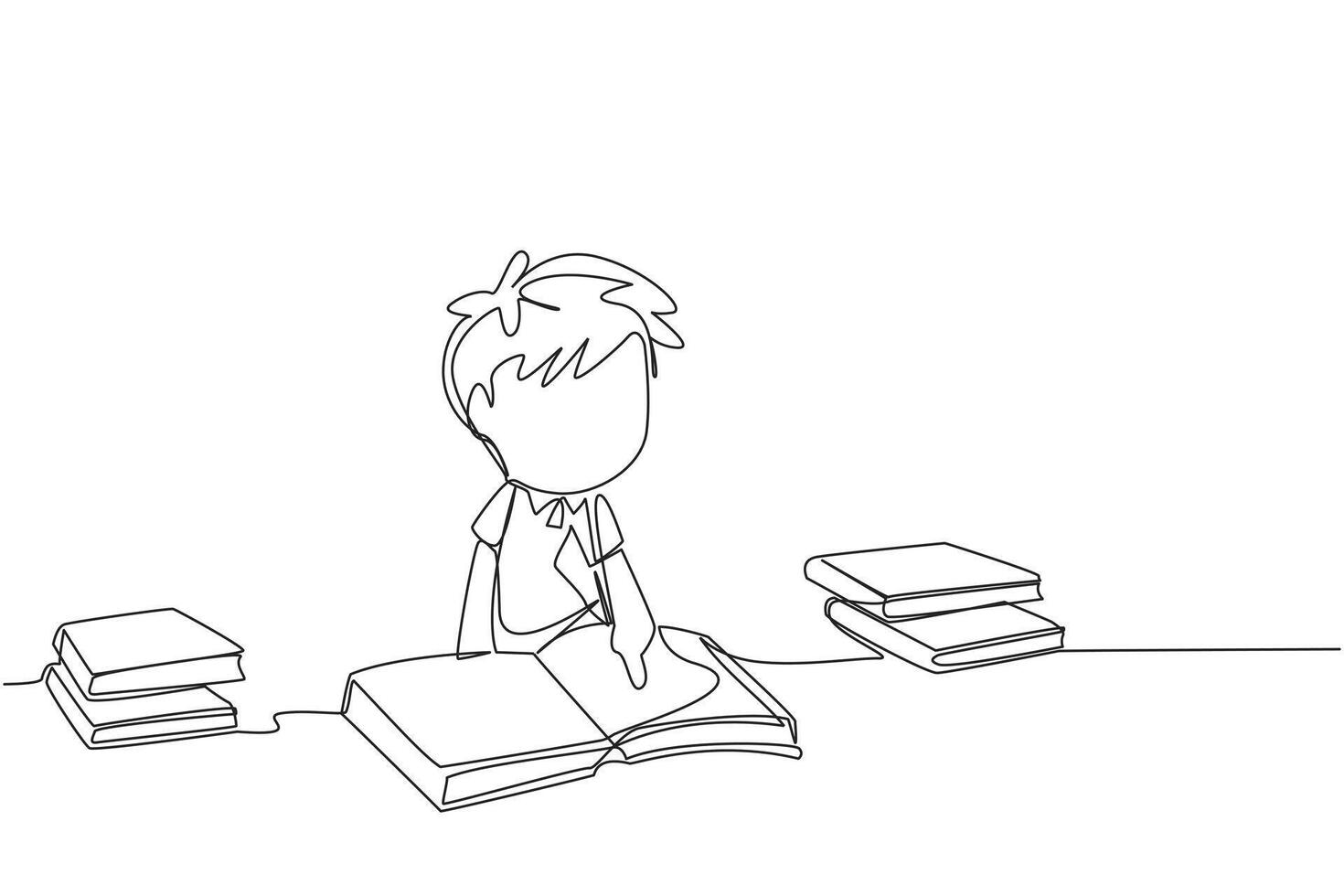 Continuous one line drawing boy who really like reading. Everyday one book is read. Good habit. There is no day without reading book. Book festival concept. Single line draw design vector illustration