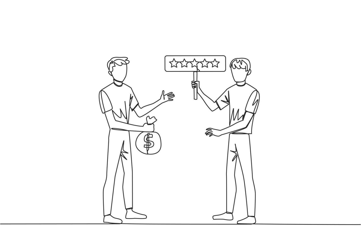 Single continuous line drawing two men standing opposite each other. One man carry money bag, the other carry rating board with 5 stars. Buy and selling reviews. One line design vector illustration