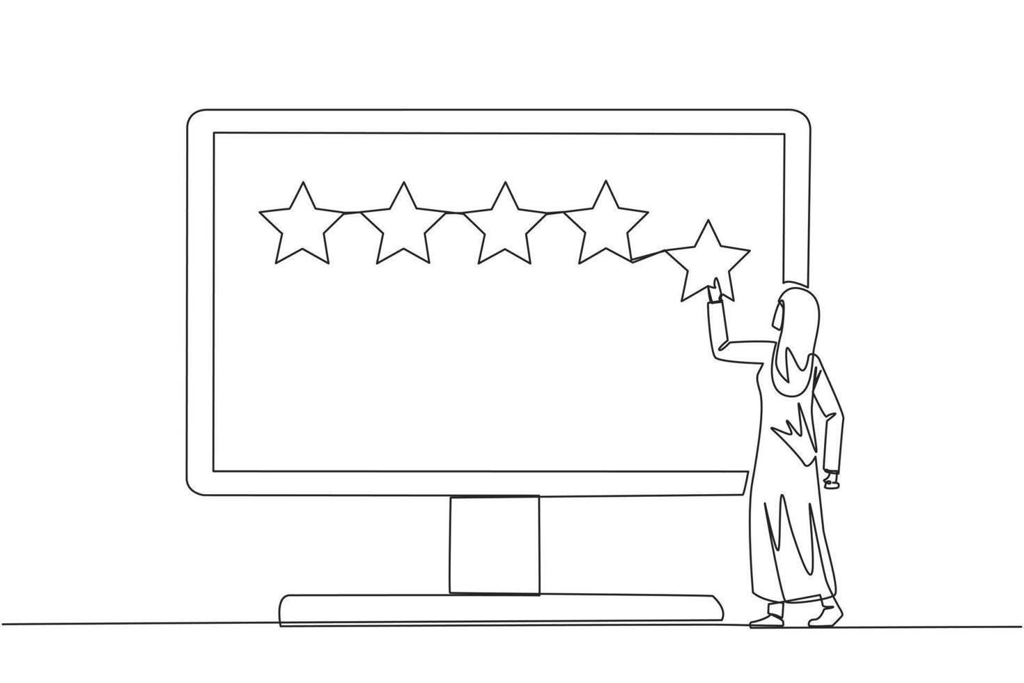 Single continuous line drawing Arabian woman standing and trying to stick one star on the big monitor. Giving 5 star feedback. Giving stars quality result. Giving review. One line vector illustration