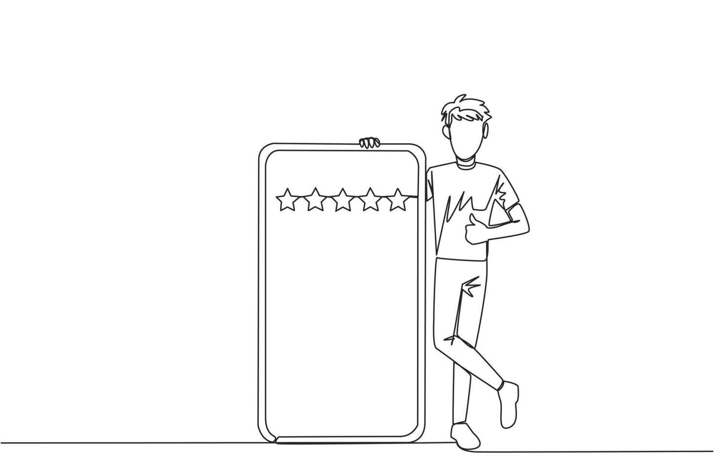 Single one line drawing young happy smiling man stands casually next to a large smartphone, other hand giving a thumbs up gesture. Give review 5 star. Continuous line design graphic illustration vector