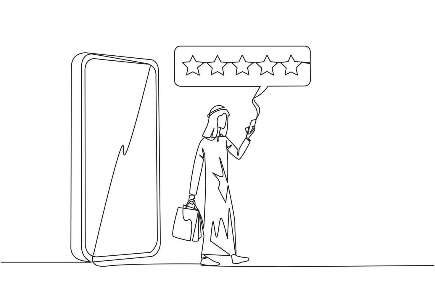 Continuous one line drawing Arabian man comes out of big smartphone carrying a shopping bag, the other hand typing smartphone. Online shopping concept. Ecommerce. Single line draw vector illustration
