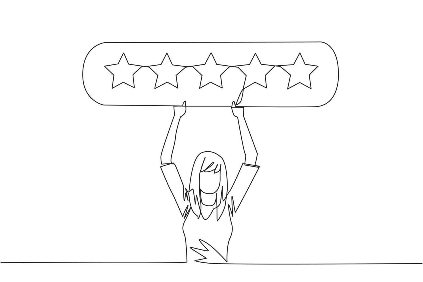 Single one line drawing young happy woman holding rating board which contains 5 stars. Star rating. Positive review. Online shopping with give 5 rating. Continuous line design graphic illustration vector