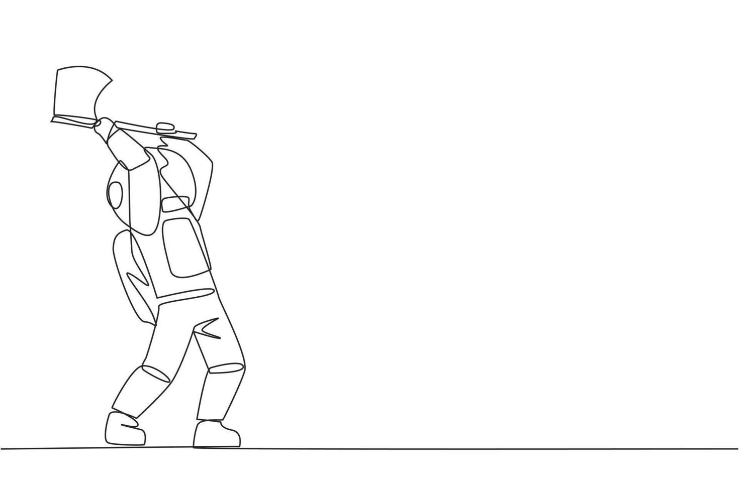 Single one line drawing young young astronaut swinging an axe. Style like a lumberjack. Strong. Muscular. Powerful. Sports for physical health. Awareness. Continuous line design graphic illustration vector