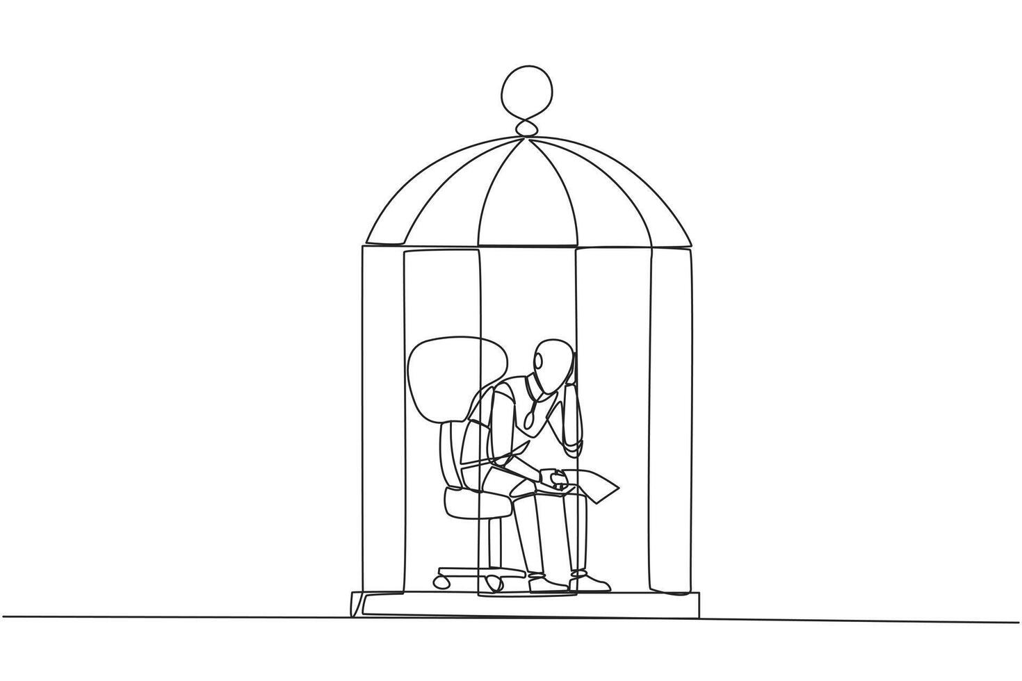 Single one line drawing robotic trapped in the cage sitting pensively holding paper. Failed business. Read the bankruptcy statement. Frustration. Sad. Tech. Continuous line design graphic illustration vector