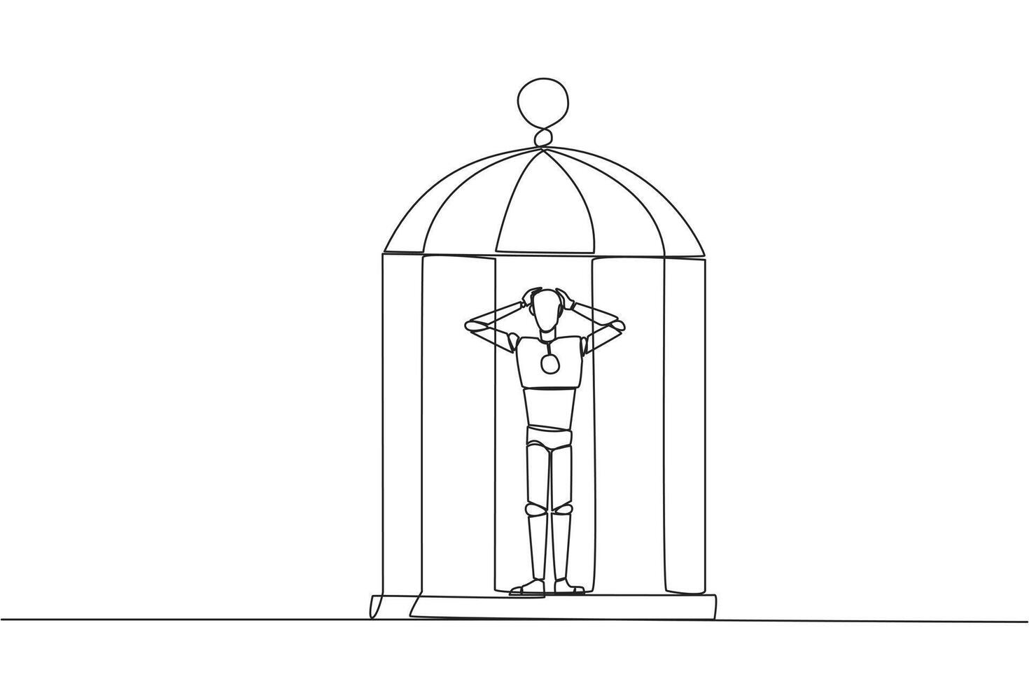 Single continuous line drawing tired robot trapped in the cage standing frustrated holding head. Anxiety caused cannot move freely. Confined. Imprisoned. AI tech. One line design vector illustration