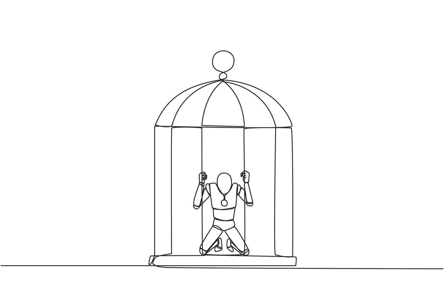 Single continuous line drawing robot trapped in the cage kneeling holding iron bars. Framed by business partner. Have to bear all the consequences. Unfair. AI tech. One line design vector illustration