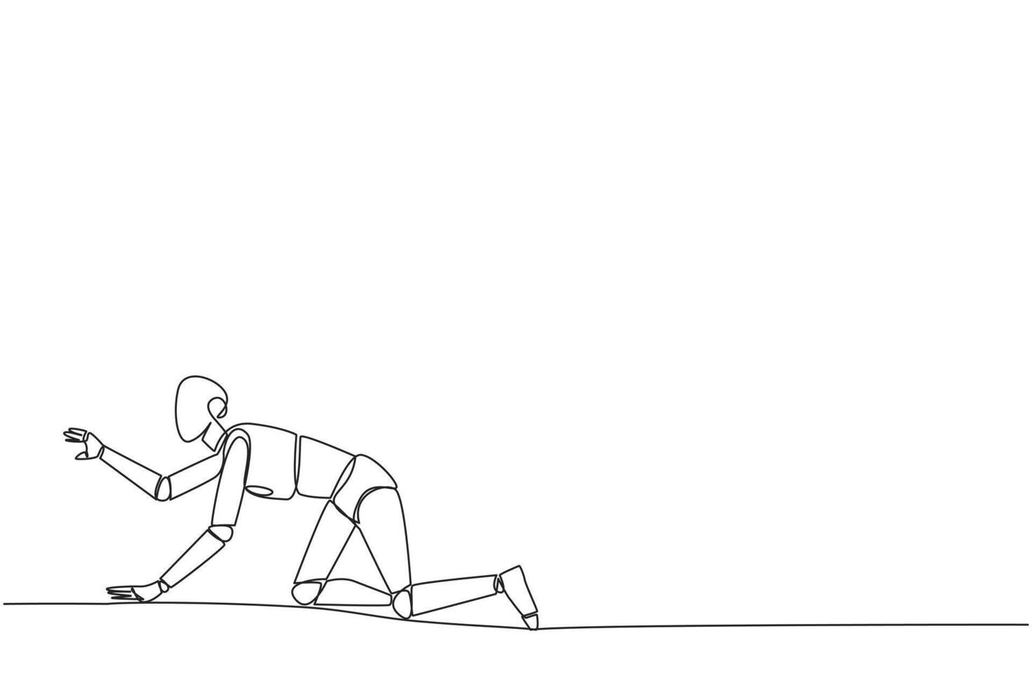 Single continuous line drawing robot artificial intelligence. Trying to get up after being attacked by pandemic. Starting from crawling, walking, then running fast. One line design vector illustration